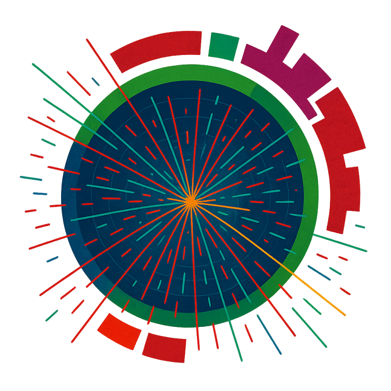 Teilchendetektor Aufnahme einer Teilchenkollision und der Spuren aller dabei entstehender Teilchen